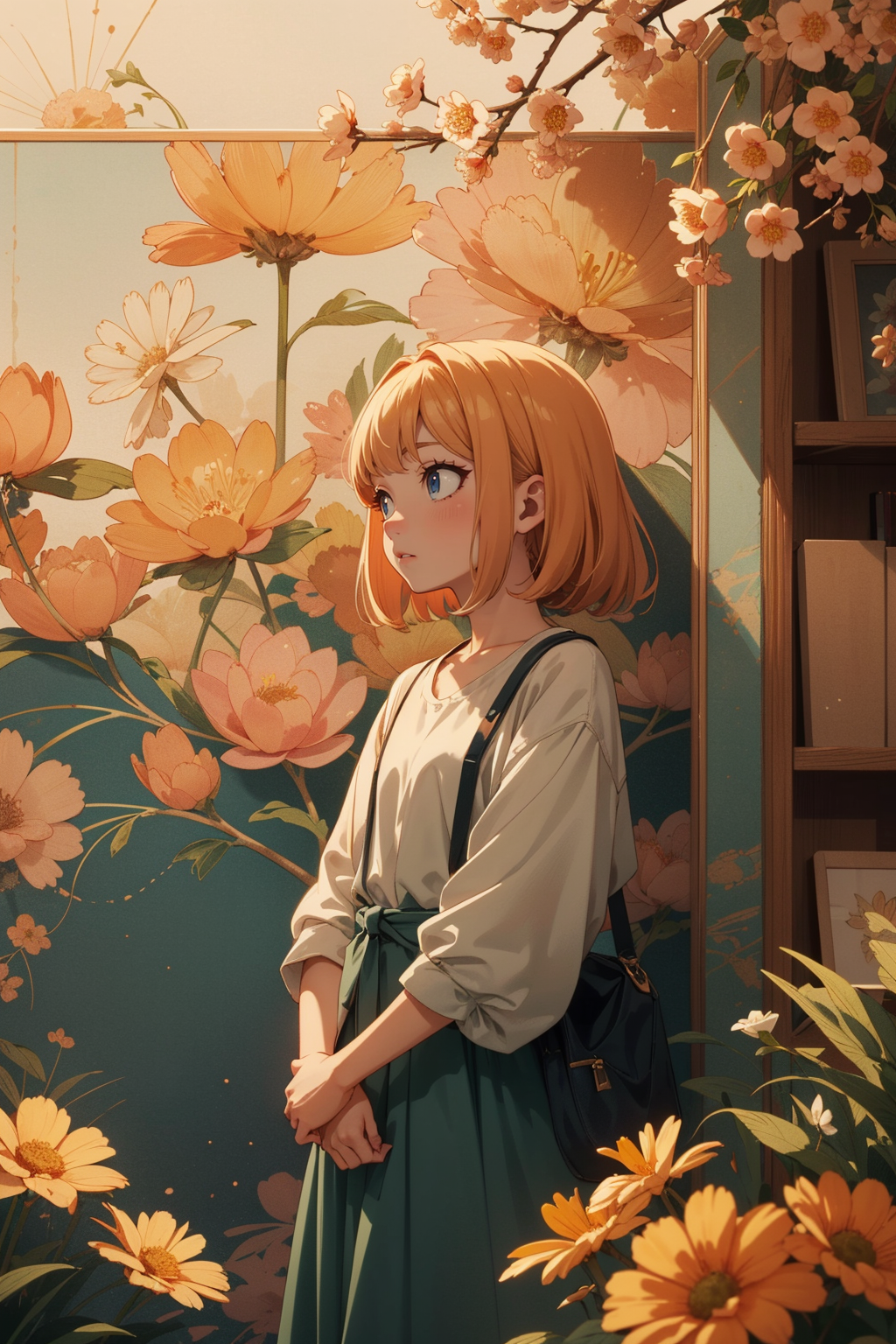 anime opening, (1girl), solo, a dreamscape aesthetic in Apricot orange theme atmosphere, mosaic background, flowers, (wall...